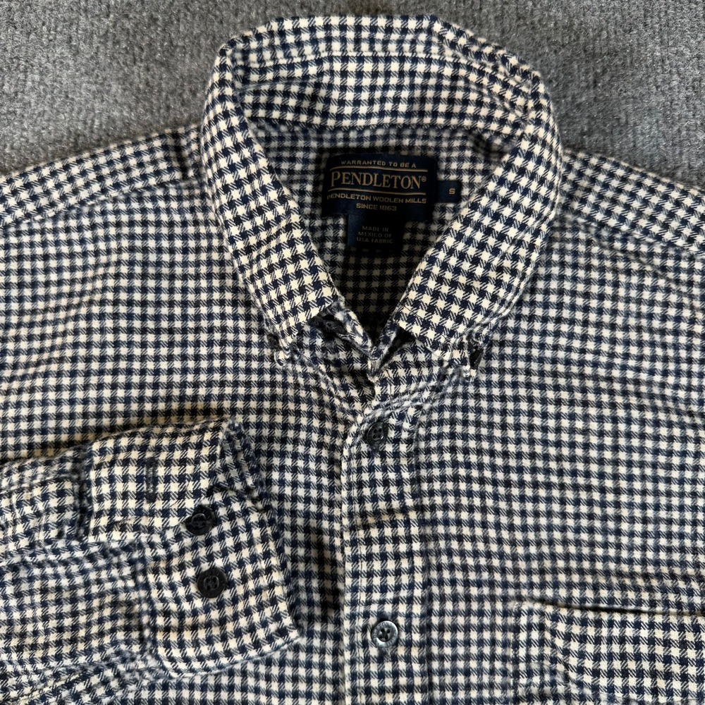 Pendleton Mens Small Wool Shirt Navy Blue White Houndstooth Button Down 3431